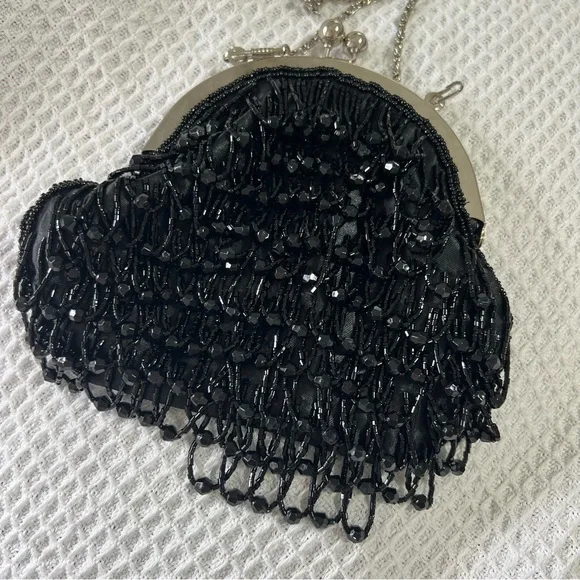 Vintage Bijoux Terner black beaded evening handbag shoulder bag kiss lock silver - Picture 11 of 14